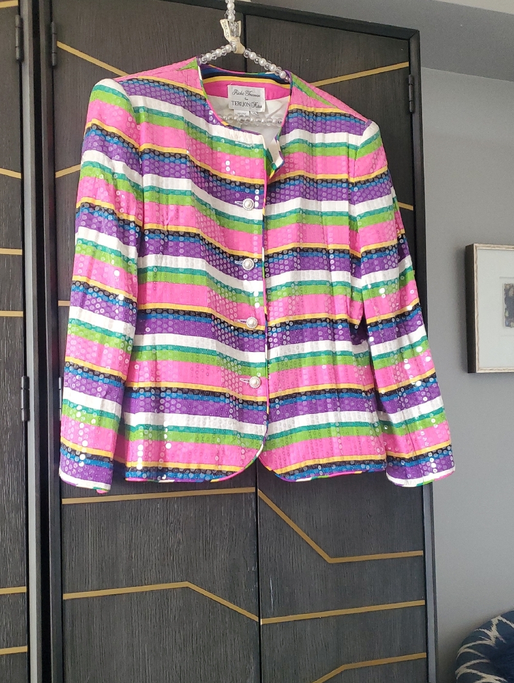 Teri jon  Multicolor Striped Sequin Blazer in Pink, Purple, Green, White & Blue